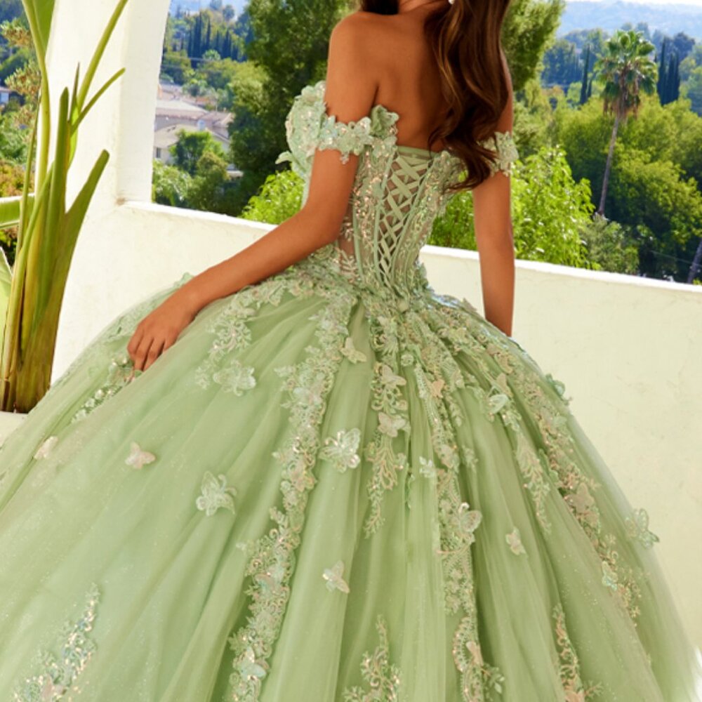 New Ceremonial Long Quinceanera Gown w/ Floral Applique & Long Train JT1485J - Picture 8 of 9